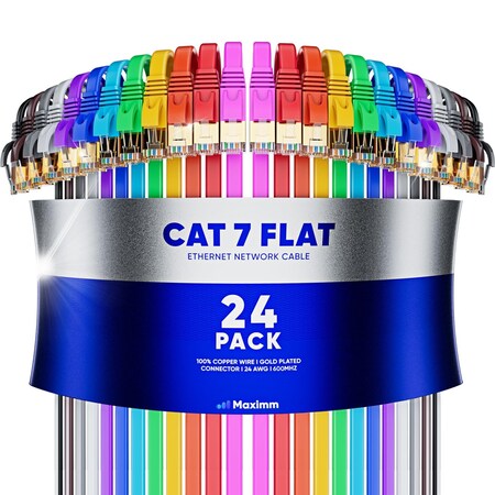 Maximm 15ft Cat7 Flat Shielded Ethernet Cable 10Gbps RJ45, 24PK, Pink, 24PK CAT7F-15FT-MULTI-24PK
