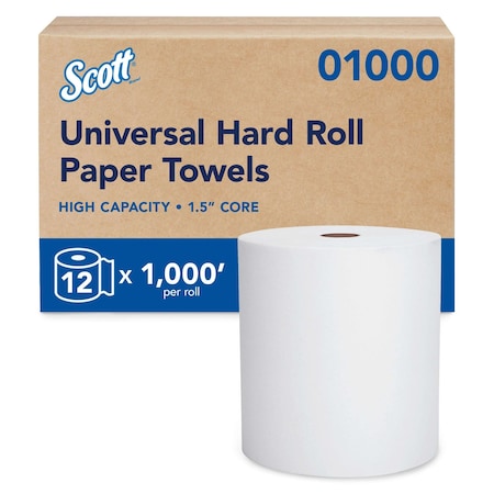 Scott Scott Essential Universal Hi-Capacity Hard Roll Towels, 1.5" Core, White, 1,000'/Roll, 12PK 01000