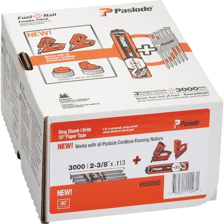 Paslode 2-3/8''x0.113'' 30 Deg Paper Tape Brite Ring Shank RounDrive Framing Nails W/ Fuel Cells, 3000 Ct. 650565