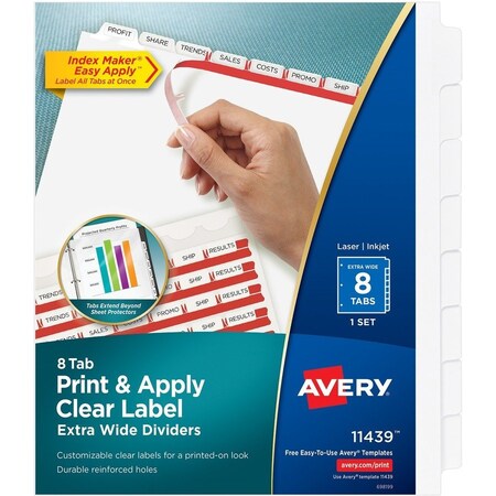 Avery Dennison Avery, PRINT AND APPLY INDEX MAKER CLEAR LABEL DIVIDERS, 8 WHITE TABS, LETTER 11439
