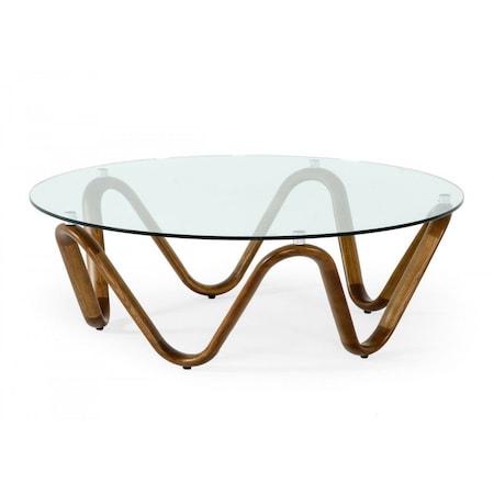 Homeroots 45" Clear and Brown Glass And Solid Wood Round Abstract Coffee Table 489059