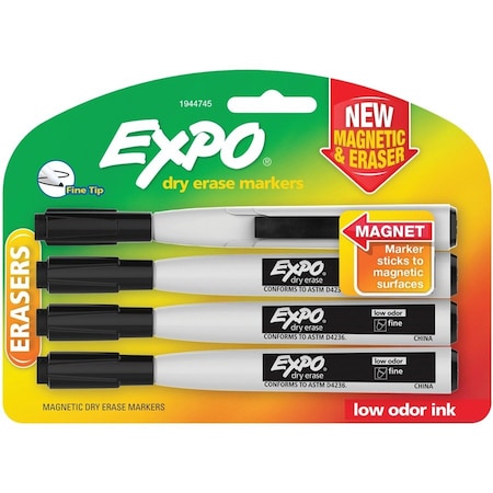 Expo Magnetic Dry Erase Markers with Eraser, Fine Tip, Black, 12PK 1944745