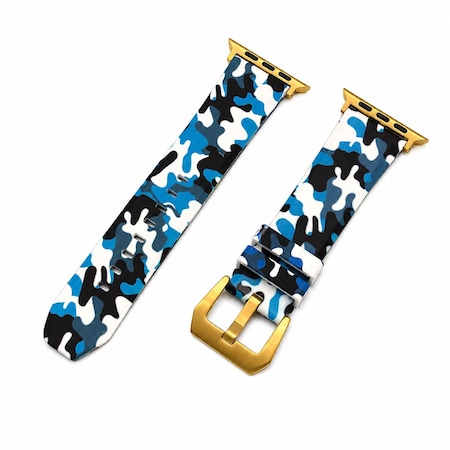 Elegani Rubber Band Compatible with Apple Watch 41mm, Blue, Blue/Yellow Gold/Rose Gold Buckle RSCMB2-BLU-41