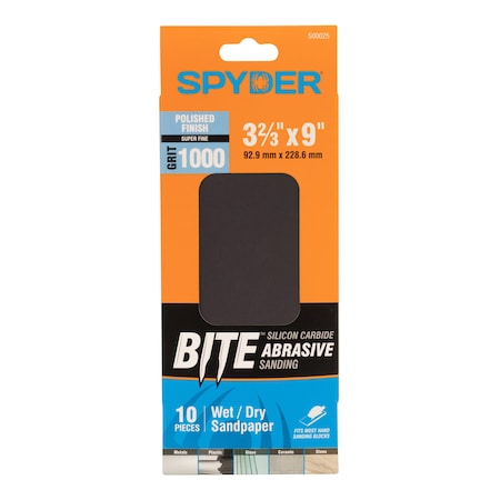 Spyder 3-2/3-Inch x 9-Inch 1000 Grit Silicon Carbide Wet/Dry Sandpaper Sheets, 10PK 500025