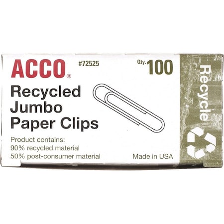 Acco Recycled Jumbo Paper Clips, Silver, 100/Box 72525