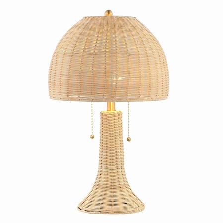 Jonathan Y Joanie 22" Bohemian Rustic Woven Rattan LED Table Lamp with Double Pull Chains, Natural/Brass Gold JYL4040A