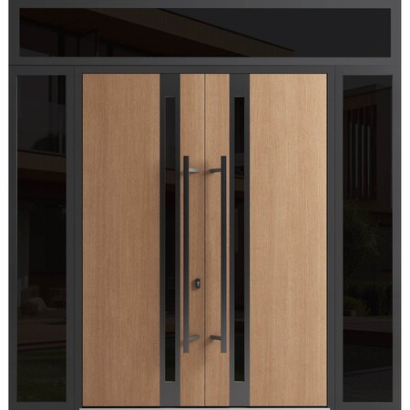 Vdomdoors Front Exterior Prehung Aluminum Double Doors Ronex1033 Teak 2 Sidelights and Top Transom Mirrored RONEX1033DEXD-OAK-W16+72+16xH80+16-LH-I