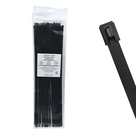 Cable Ties Unlimited Cable Tie, 18 in L, 150 lb Strength, 5.2 in Max Bundle Dia, Coated 316 Stainless Steel, Black, 100PK SSPCoated18-LD