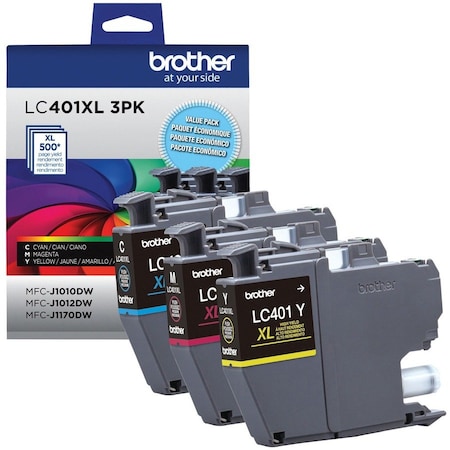 Brother High Yield Cyan, Magenta & Yellow Ink Cartridge, 3PK LC401XL3PKS