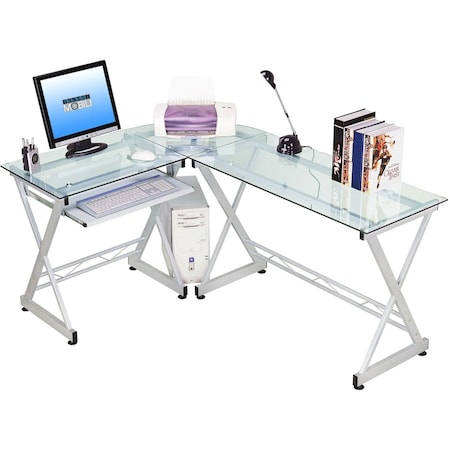 Techni Mobili CD-3802-GLS Tempered Glass L-Desk Corner Desk Unit RTA-3802-GLS