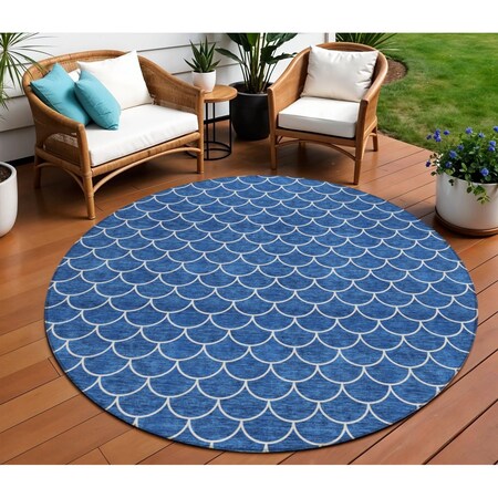 Homeroots 8' Blue And Ivory Round Geometric Washable Indoor Outdoor Area Rug 596179