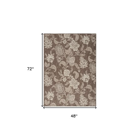 Homeroots 4' X 6' Brown And Ivory Floral Indoor Outdoor Area Rug 552498