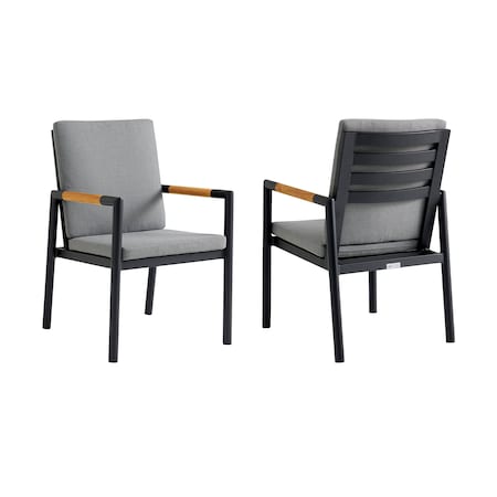 Armen Living Crown Black Aluminum and Teak Outdoor Dining Chair with Dark Gray Fabric - Set of 2 LCCRCHBL