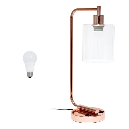 Homeroots 19" Rose Gold Iron Lantern USB Table Lamp LED With Clear Cylinder Shade 646032