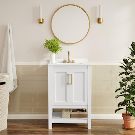 Flash Furniture Vega 24in. Vanity w/Sink, Soft Close Doors & Open Shelf, Carrara Marble, Gold Hardware, White/White FS-VEGA24-WH-HDGLD-GG