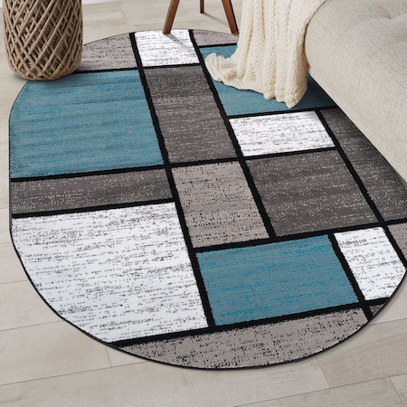 World Rug Gallery Contemporary Modern Boxes Design Soft Area Rug 5 ft x 7 ft Oval Gray 106BLUE5OV