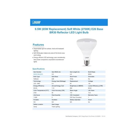 Feit Electric LED Lamp, Flood/Spotlight BR30 Lamp, 65 W Equivalent, E26 Base, Soft White Light, Clear, 3PK BR30/10KLED/3