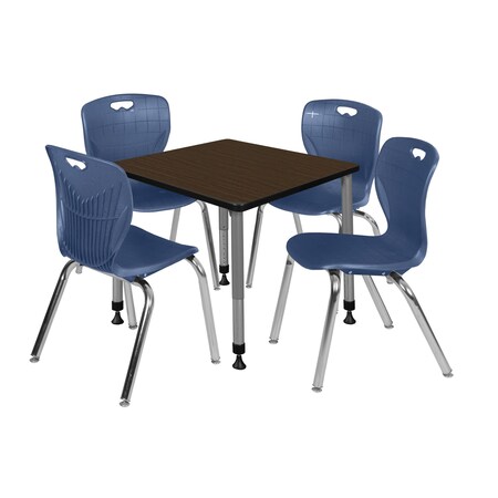 Regency Square Kee Adjustable Classroom Table W/ 4 Andy Stack Chairs, 30 in W, 30 in L, Neo Walnut TB3030NWAPGY40NV