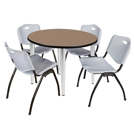 Regency Round Kahlo Breakroom Table W/ 4 M Stack Chairs, 42 in W, 42 in L, Noble Oak TPL42RNDNOCM47GY