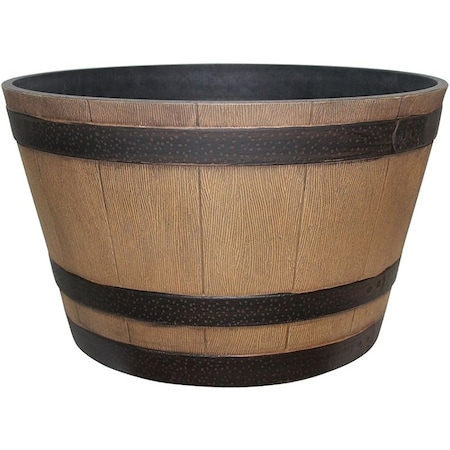 Southern Patio Planter, 15.4 in W, 9.1 in D, Round, Whiskey Barrel Design, Plastic, Natural Oak HDR-055440
