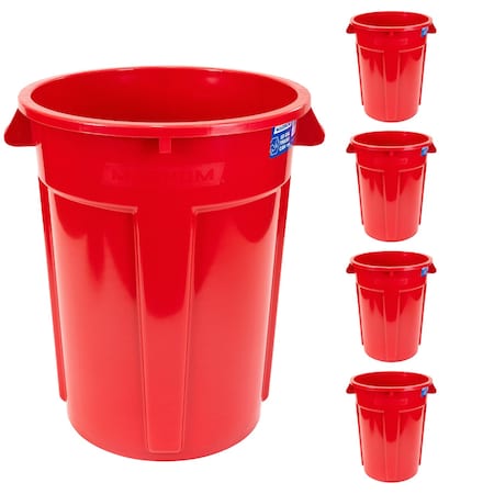 Magnum Tool 55 Gallon Trash Can, High-Vis Red, Construction Grade, Heavy Duty Plastic, (5 Pack) CMTC-C000-55R05