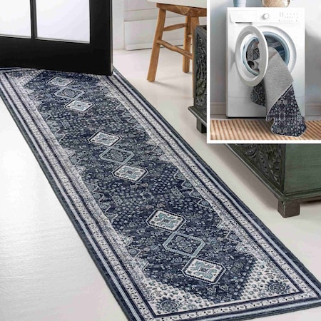 Jonathan Y Dalyan Geometric Medallions Non-Slip Machine-Washable Navy/Light Gray 2 ft. x 8 ft. Runner Rug WSH101D-28