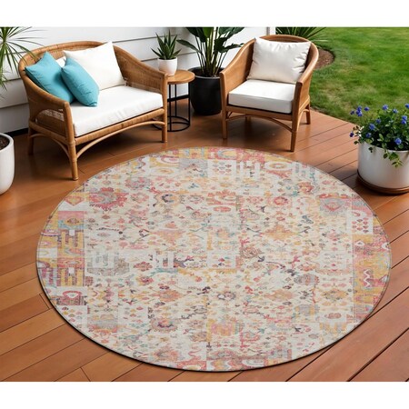 Homeroots 8' Pink And Ivory Round Patchwork Washable Indoor Outdoor Area Rug 631433