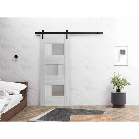 Vdomdoors Sturdy Barn Door 42 x 80in, Nordic White W/ Frosted Glass, 8FT Rail Hangers Heavy Hardware Set SETE6933BD-B-NOR-42