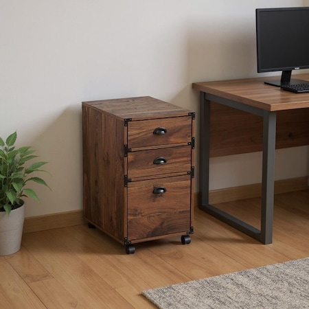 Homeroots 27" Walnut Wood Three Drawers Filing Cabinet 568323