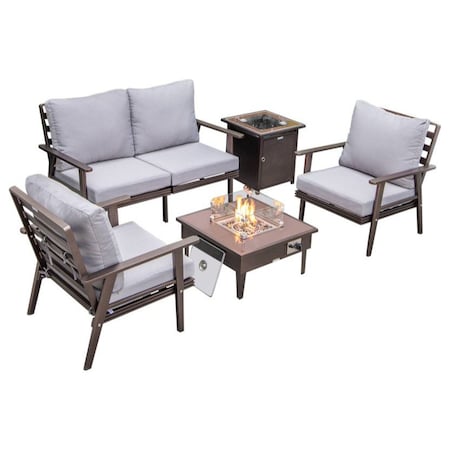 Leisuremod Walbrooke Modern Brown Patio Conversation With Square Fire Pit & Tank Holder, Grey WBR-27-20-57-31-GR