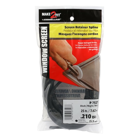 Make-2-Fit Screen Retainer Spline, 0.210 in D, 25 ft L, Vinyl, Black, Round P7527