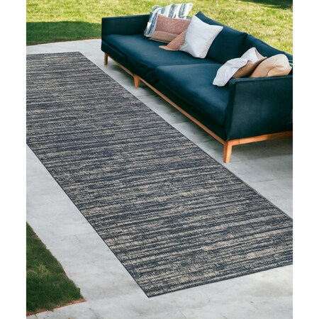 Homeroots 8' Runner Gray and Blue Striped Stain Resistant Indoor Outdoor Runner Rug 531664