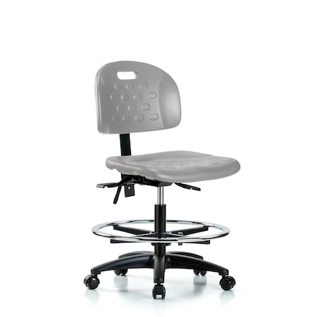 Blue Ridge Ergonomics Poly Chair - Medium Bench Height with Seat Tilt, Chrome Foot Ring, & Casters in Gray Poly HPMBCH-RG-T1-A0-CF-RC-GRY