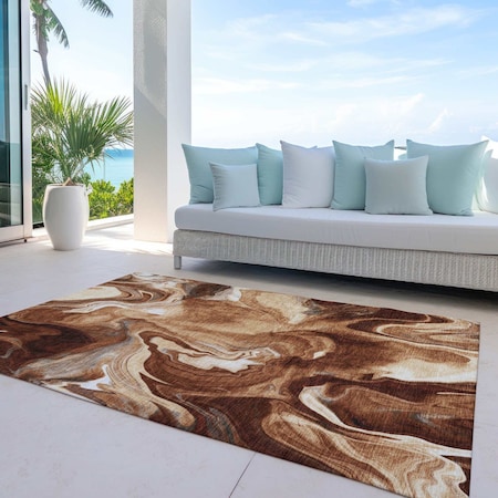 Homeroots 8' X 10' Orange Copper And Ivory Abstract Washable Indoor Outdoor Area Rug 587485