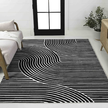 Jonathan Y Hallie High-Low Minimalist Curve Geometric Black/White 4 ft. x 6 ft. Area Rug SCN100F-4