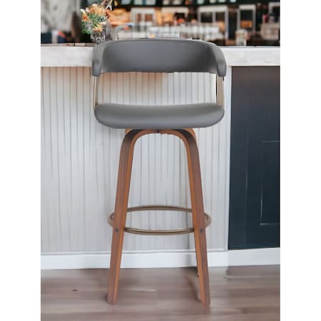 Homeroots 31" Gray And Wood Brown Faux Leather Swivel Bar Height Bar Chair 534470
