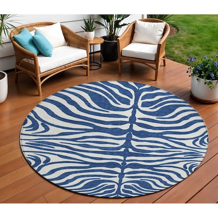 Homeroots 8' Navy Blue And Ivory Round Animal Print Washable Indoor Outdoor Area Rug 600632