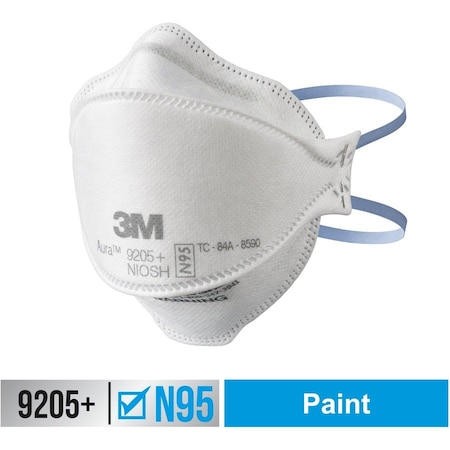 3M Particulate Respirator, N95, Aura, Flat-Fold, Low-Profile, 3-Panel, Nose Clip, White, 10 pk 9205PH10-DC