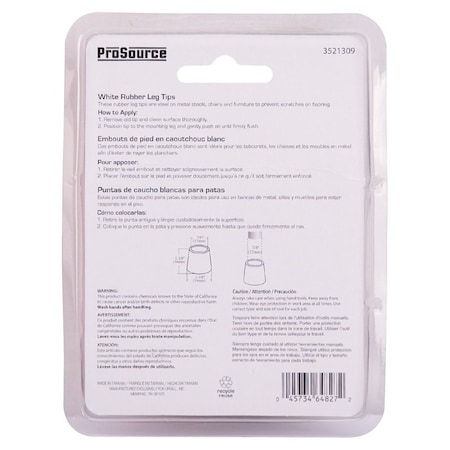 Prosource Furniture Leg Tip, Round, Rubber, White, 7/8 in Dia, 1-3/8 in H FE-50644-PS