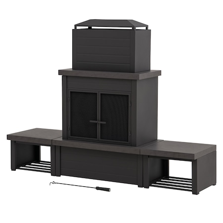 Sunjoy Wood Burning Fireplace, Black/Dark Gray, Steel, with Chimney, Spark Screen, Wood Storage, and Cover A304004832