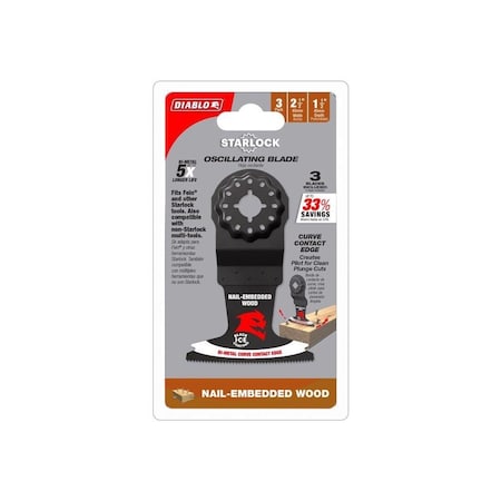 Freud Oscillating Wood Blade Starlock 2.5in W Bi-Metal Curve Contact Edge Round Nail-Embedded Woo, 3PK DOS250BW3