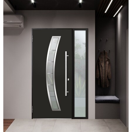 Vdomdoors Steel Door Deux 6500 Black Stainless Inserts Single Modern Painted-W36xH80-Left Inswing DEUX6500EXD-BLK-W36 x H80-Left-hand Inswing