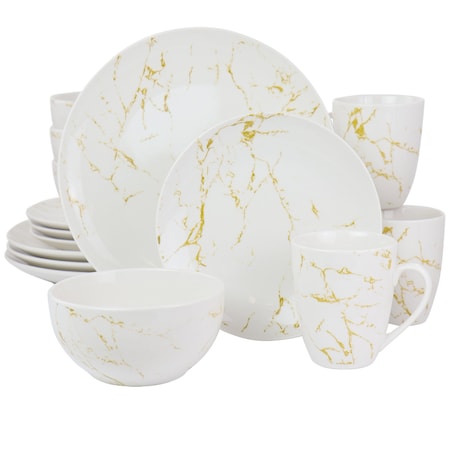 Elama Fine Marble 16 Piece Stoneware Dinnerware Set in Gold and White EL-FINEMARBLE-G
