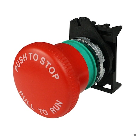 Automation Systems Interconnect is a 40mm red emergency stop push button with white printing on the face, Push to Stop, Pull to Run. PPFN1P4NH-001
