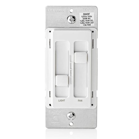 Leviton SureSlide Ceiling Fan Control and Dimmer Switch for LED, Halogen and Incandescent Bulbs - White 66DF-10W