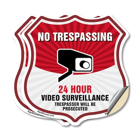 Signmission No Trespassing Shield Sign 24 Hour Video, 12 inch X 12 inch, Vinyl Decal, 2PK SHI-D-2PACK-12-420