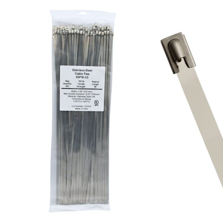 Cable Ties Unlimited Cable Tie, 16 in L, 150 lb Strength, 4.5 in Max Bundle Dia, 316 Stainless Steel, Silver, 100PK SSP16-LD