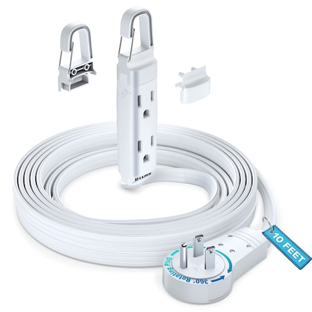 Maximm 12ft 16AWG 360 degrees Flat Plug Extension Cord w/ Removable Hook, UL, White ADW-360-C112-WH
