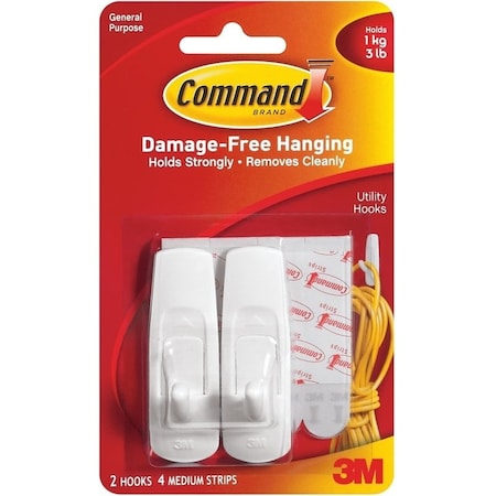 Command Utility Hook, 3 lb, 2Hook, Plastic, White 17001