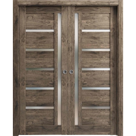 Sartodoors Sliding French Double Pocket Doors Frosted Glass Oak 64x80 (2* 32x80) Solid Core Modern Interior QUADRO4088DP-AKA-64